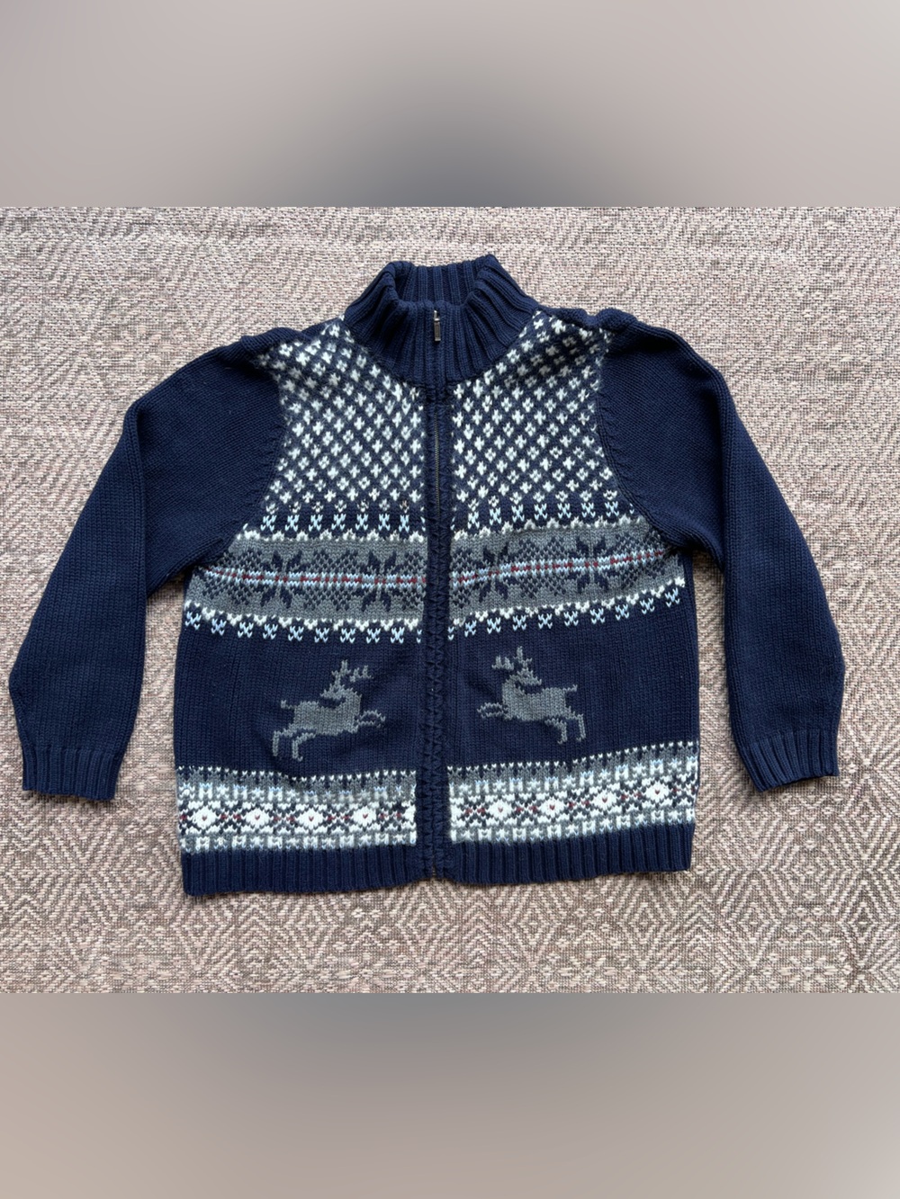 Eddie Bauer Reindeer Fair Isle Cardigan Sweater Full Zip Navy Cotton L